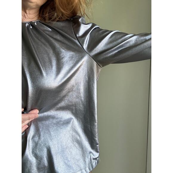 DEREK LAM 10 CROSBY Kary Metallic Crepe Blouse In Silver Size 48/Large Glam Punk - Picture 8 of 9